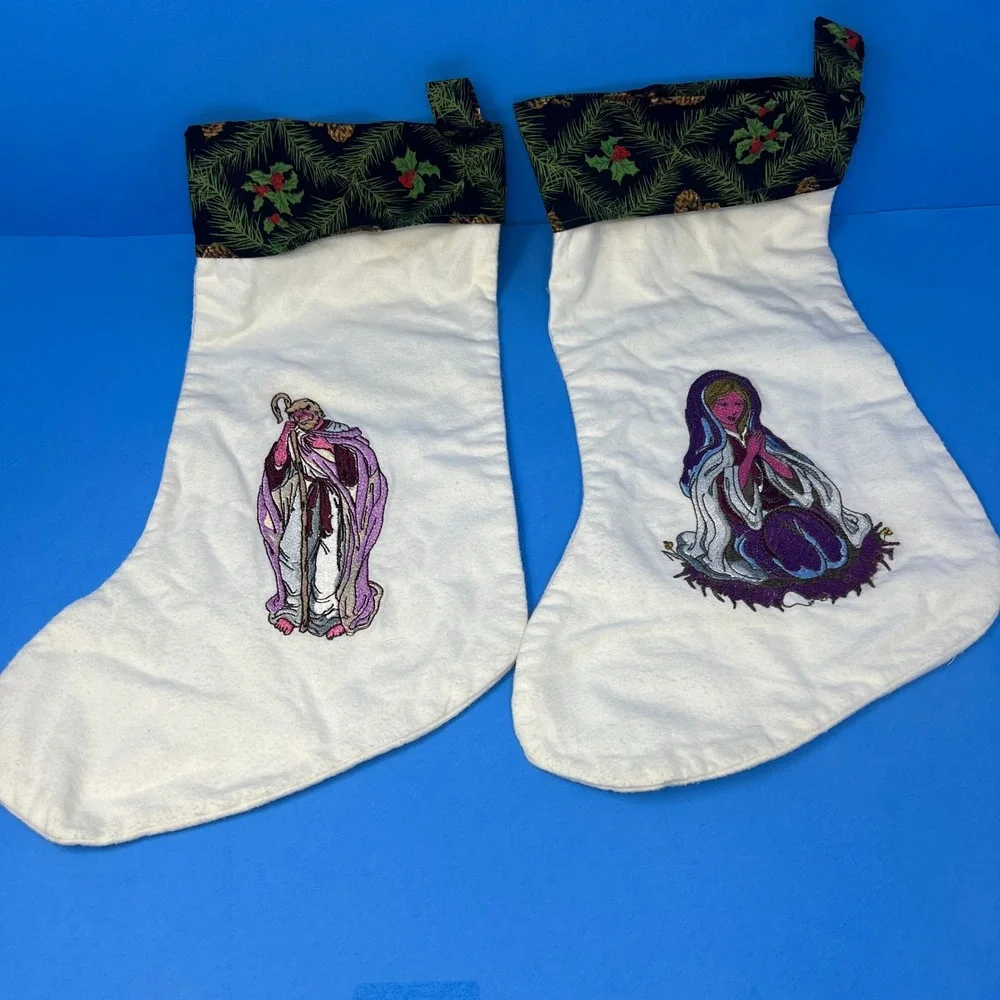 Christmas Stockings White Vintage Mary Joseph Embroidered Nativity Religious Set